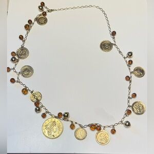 Vintage Queen Elizabeth Shiny Gold Coin Necklace Amber and Gold Tone Beads 14”